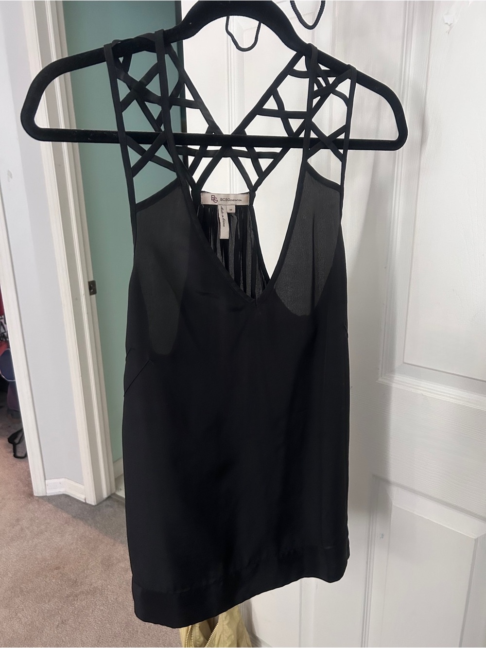 BCBGeneration 100% silk black strappy racer back top